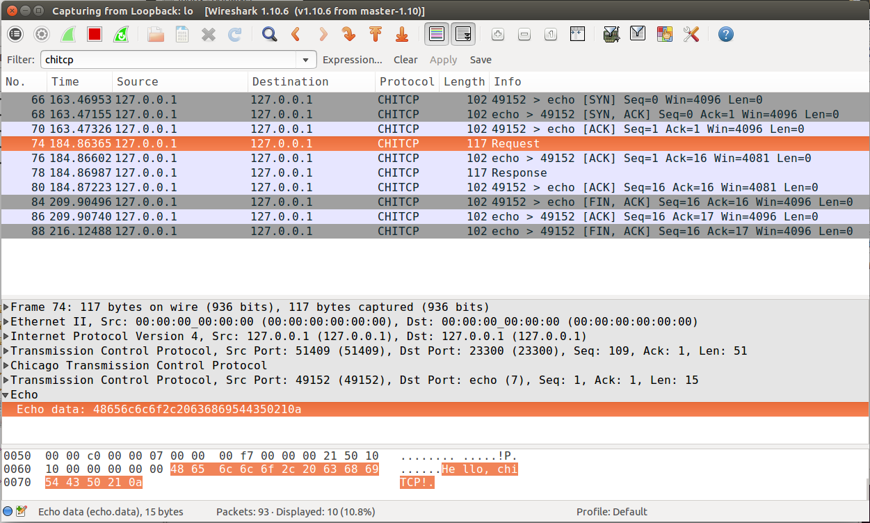 Wireshark running chiTCP dissector