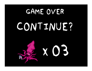 A game over screen with a pixelated LYSE squid with 3 lifes. The screen asks 'CONTINUE?'