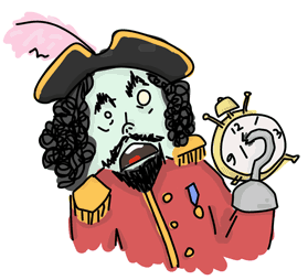 a pirate with a hook scared of time and clocks