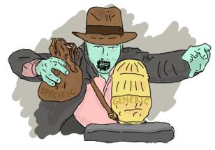 Parody of Indiana Jones' scene where he substitutes a treasure for a fake weight. The piece of gold has 'generic' written on it, and the fake weight has 'specific' on it