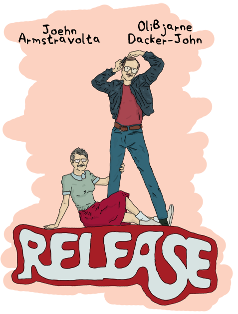 Parody of the poster of the Grease movie, where 'Grease' is replaced by 'Release', Olivia Newton-Jogn by Joe Armstrong and John Travolta by Bjarne Dacker