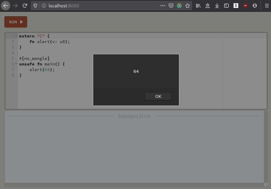 Rust Playground with WebAssembly. This figure shows how we can call JavaScript functions from the Rust Playground if we make it compile into WebAssembly.